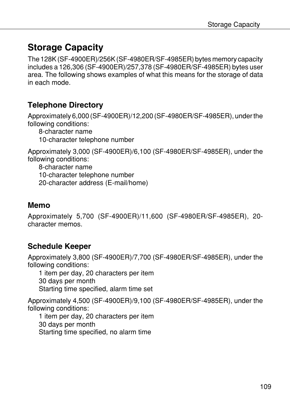 Storage capacity | Casio SF-4985ER User Manual | Page 111 / 118