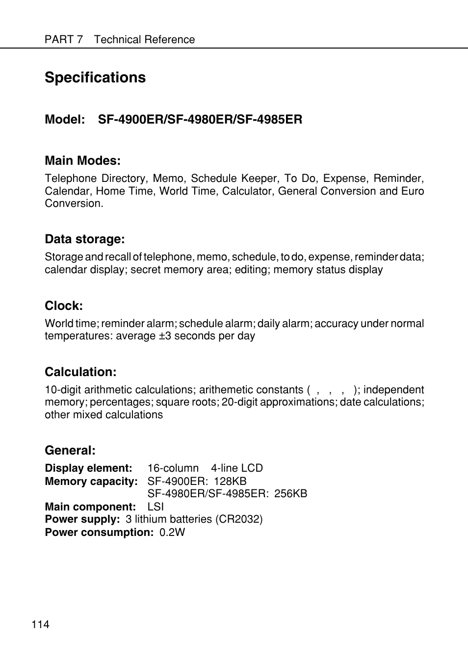 Specifications | Casio SF-4985ER User Manual | Page 116 / 118