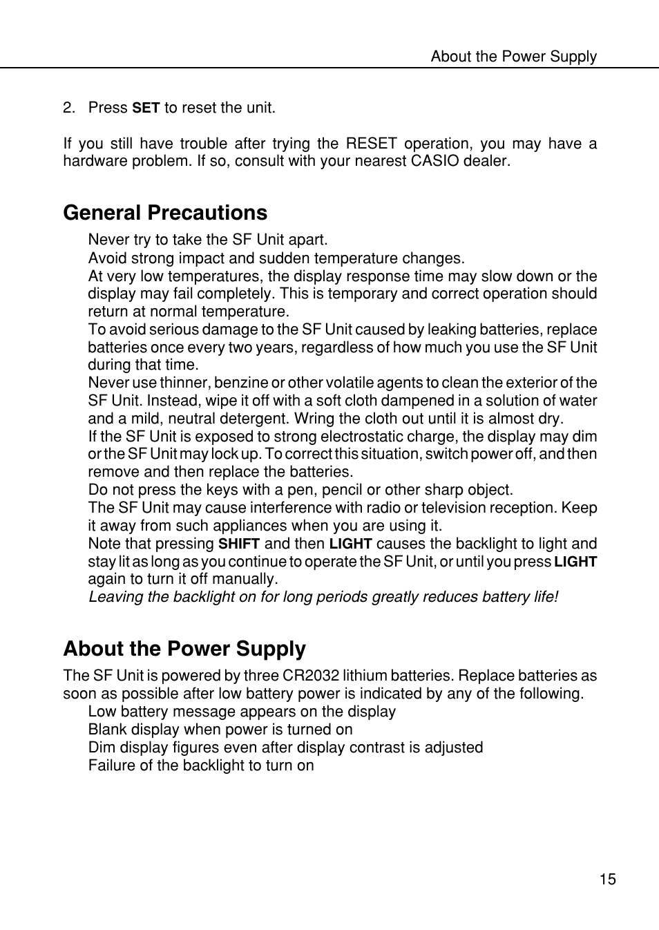 General precautions, About the power supply | Casio SF-4985ER User Manual | Page 17 / 118