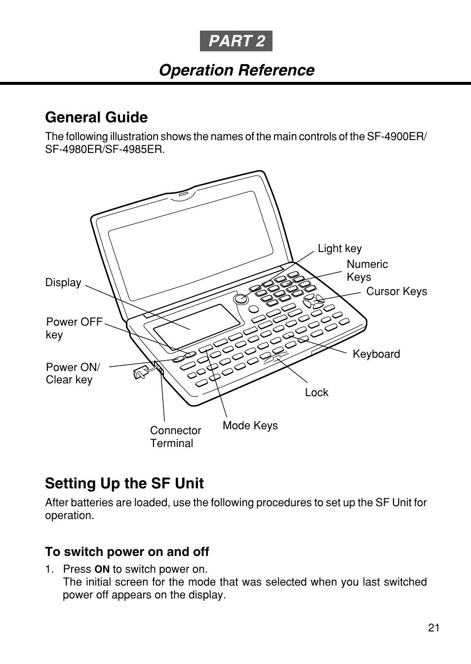 Part 2 operation reference, General guide, Setting up the sf unit | Casio SF-4985ER User Manual | Page 23 / 118