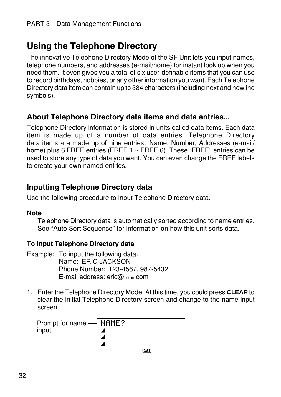 Using the telephone directory | Casio SF-4985ER User Manual | Page 34 / 118