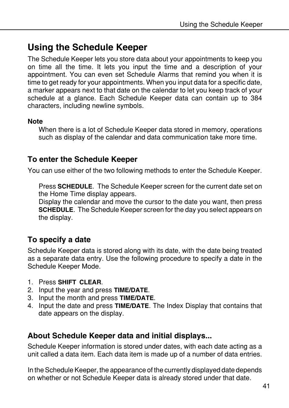 Using the schedule keeper | Casio SF-4985ER User Manual | Page 43 / 118