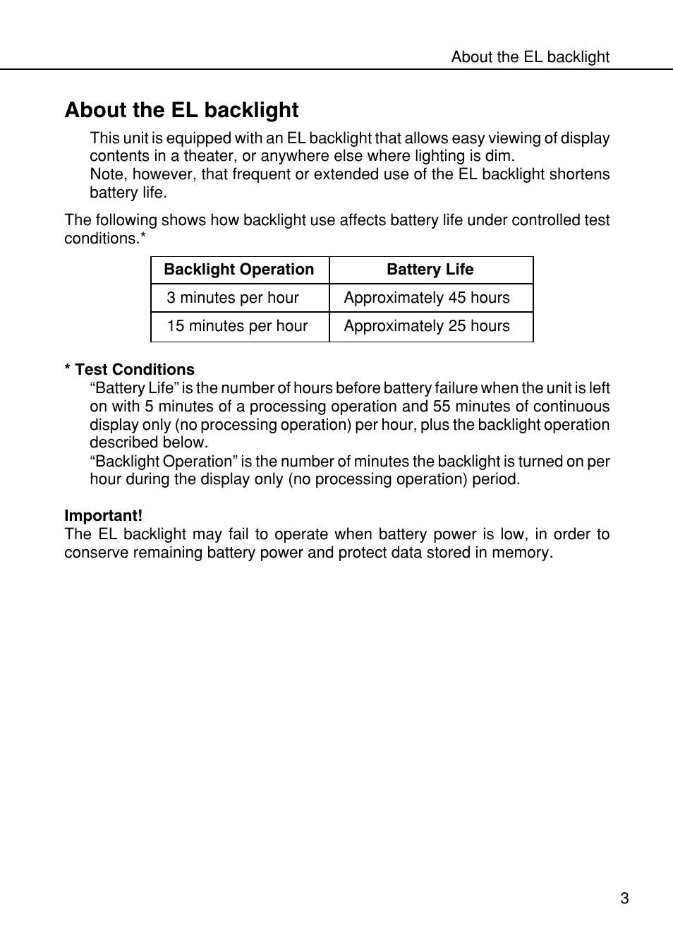 About the el backlight | Casio SF-4985ER User Manual | Page 5 / 118