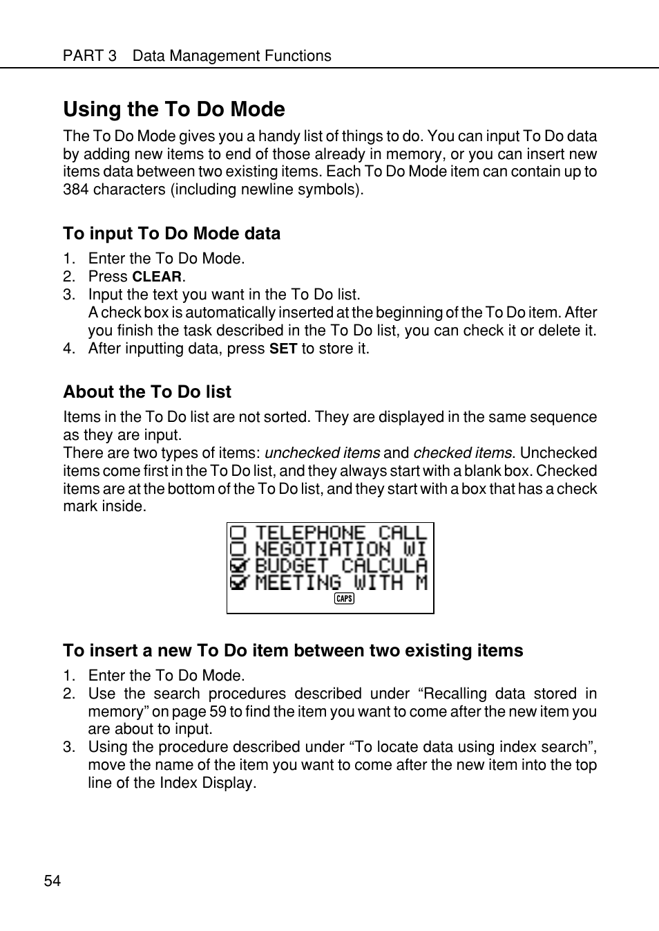 Using the to do mode | Casio SF-4985ER User Manual | Page 56 / 118