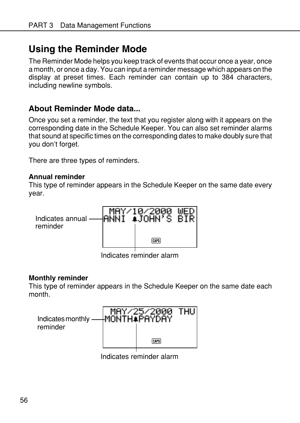 Using the reminder mode | Casio SF-4985ER User Manual | Page 58 / 118