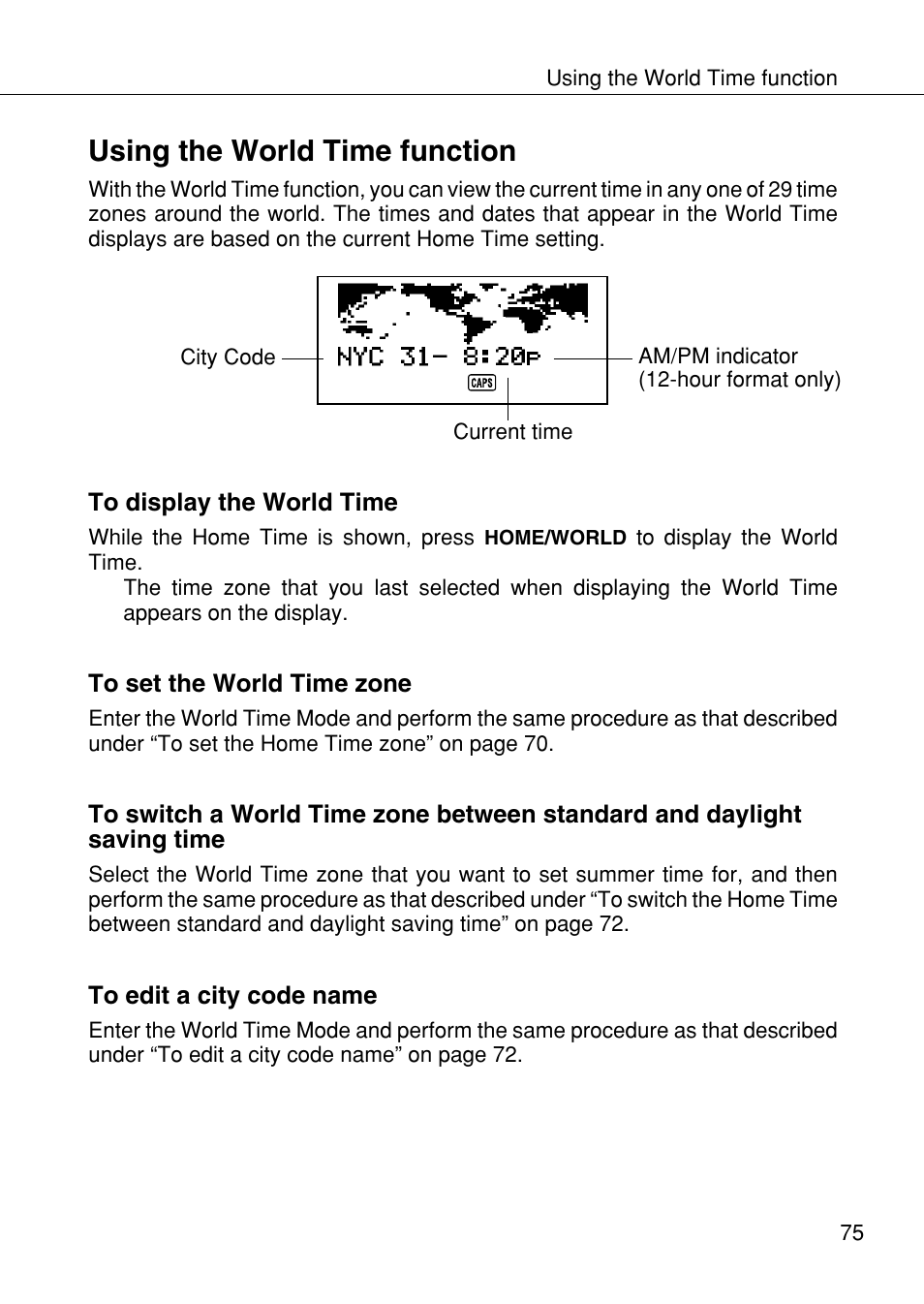 Using the world time function | Casio SF-4985ER User Manual | Page 77 / 118