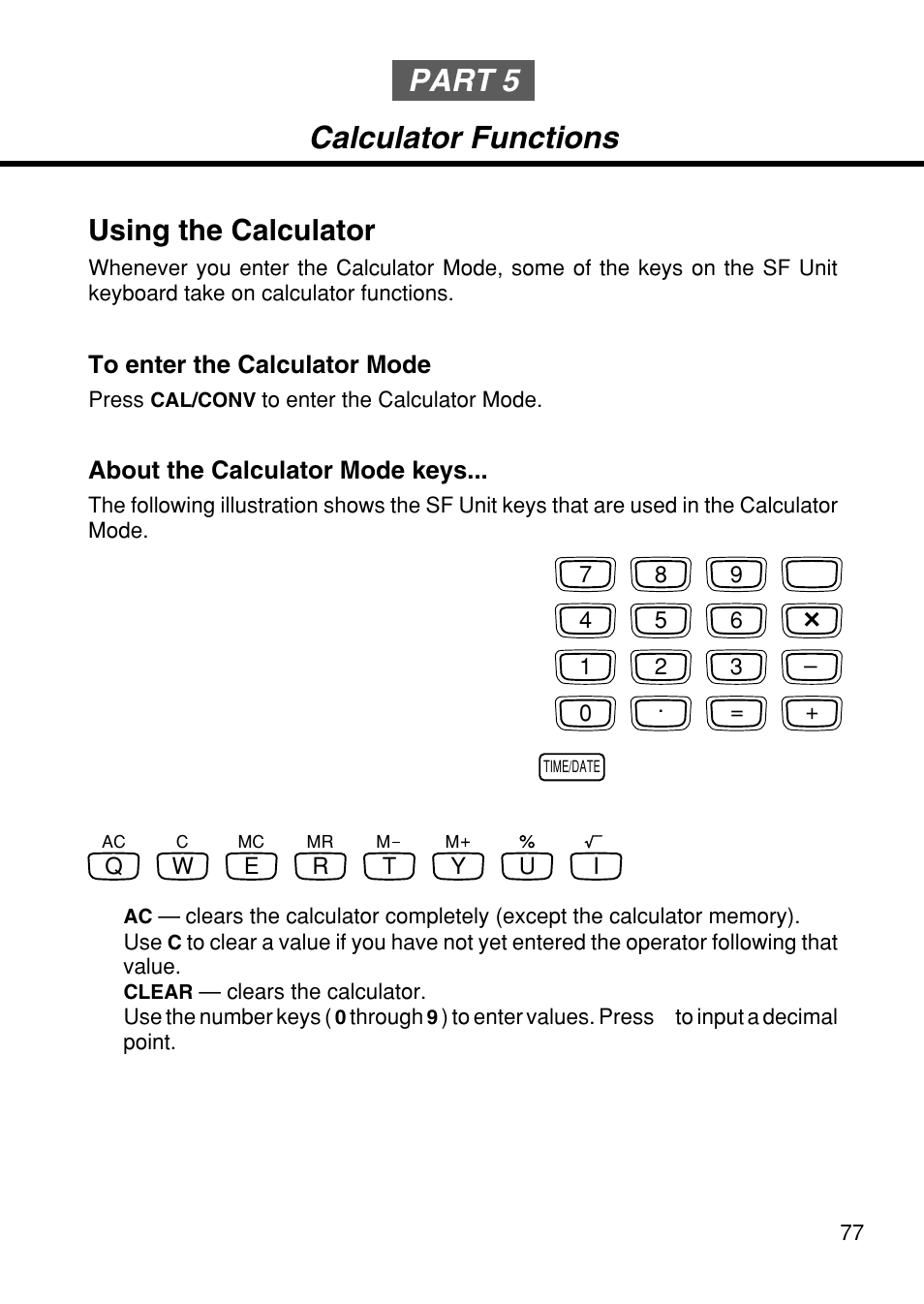 Part 5 calculator functions, Using the calculator | Casio SF-4985ER User Manual | Page 79 / 118