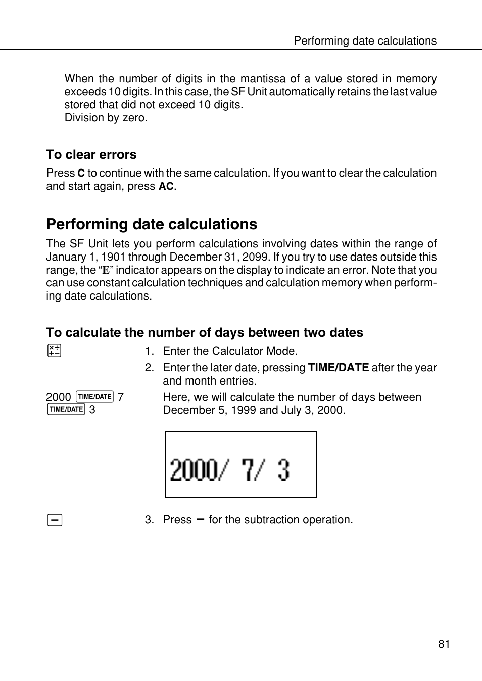 Performing date calculations | Casio SF-4985ER User Manual | Page 83 / 118