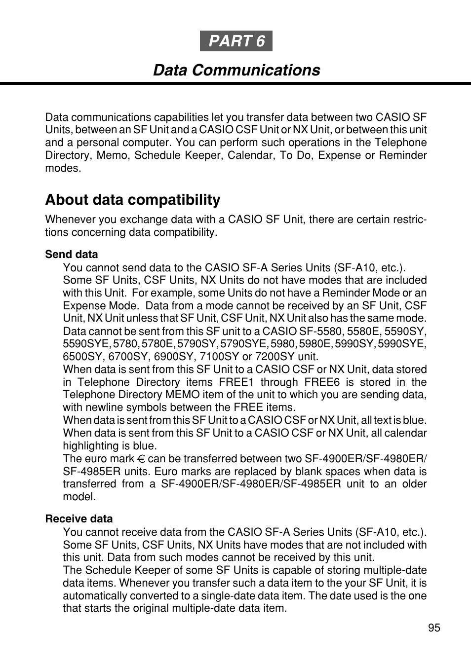 Part 6 data communications, About data compatibility | Casio SF-4985ER User Manual | Page 97 / 118