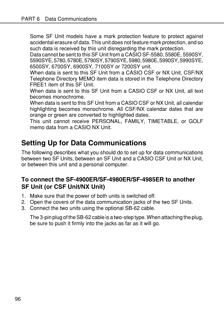 Setting up for data communications | Casio SF-4985ER User Manual | Page 98 / 118