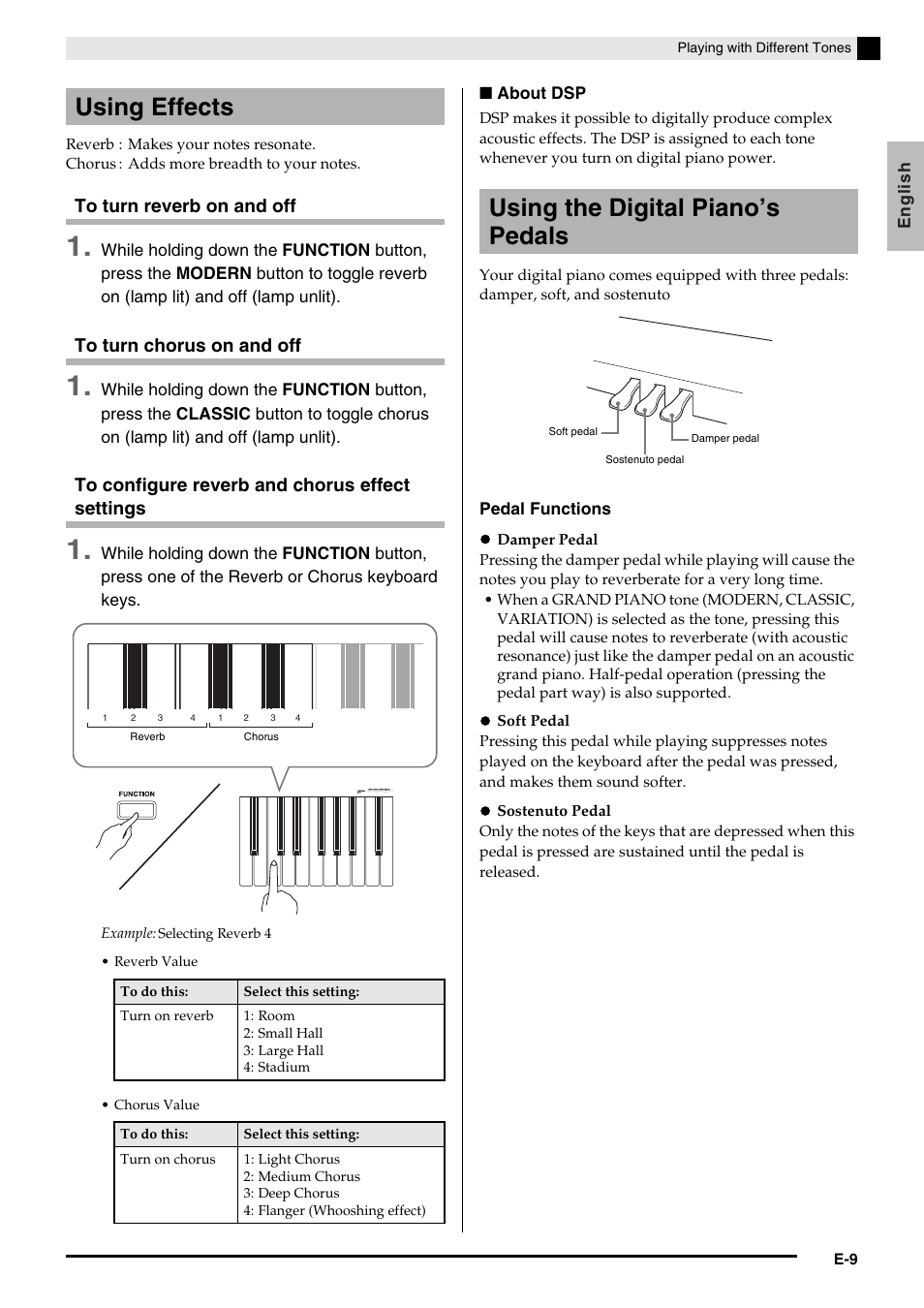 Using effects, Using the digital piano’s pedals | Casio Privia MA1001-B User Manual | Page 11 / 41