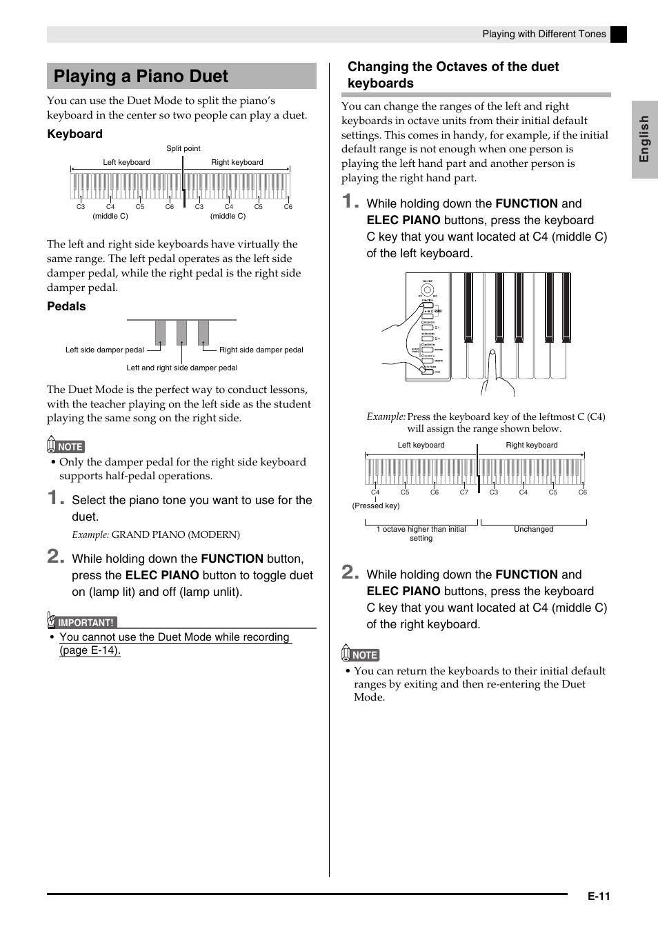 Playing a piano duet, Changing the octaves of the duet keyboards | Casio Privia MA1001-B User Manual | Page 13 / 41
