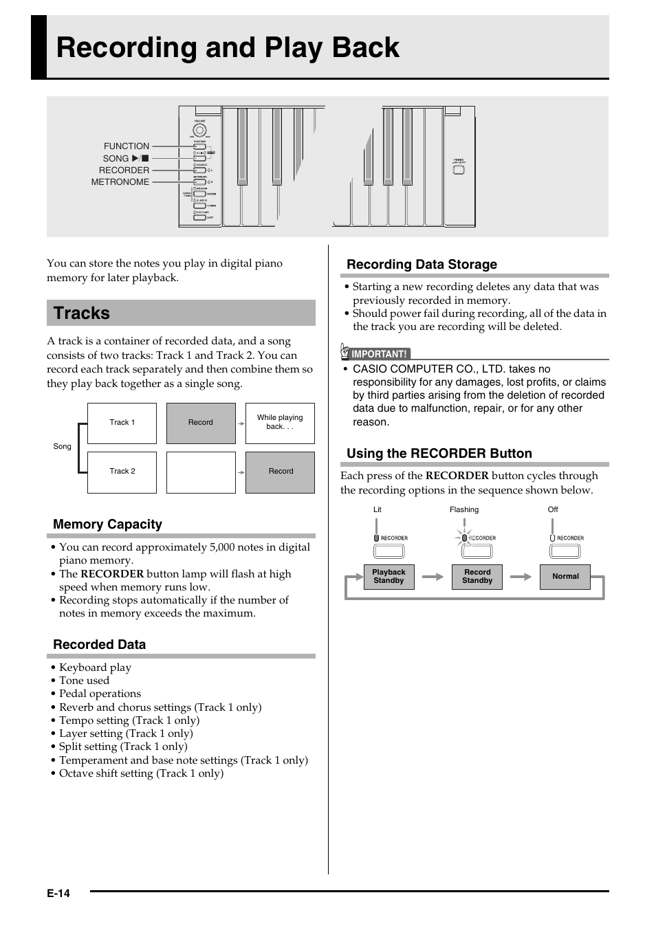 Recording and play back, Tracks, Recorded data | Recording data storage, Using the recorder button | Casio Privia MA1001-B User Manual | Page 16 / 41