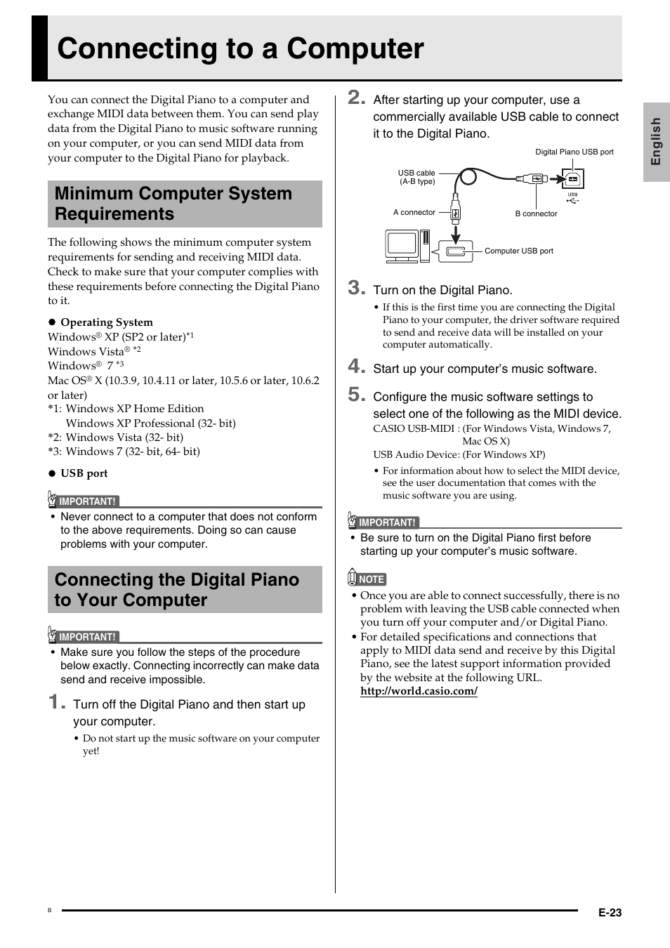Connecting to a computer, Minimum computer system requirements, Connecting the digital piano to your computer | Casio Privia MA1001-B User Manual | Page 25 / 41