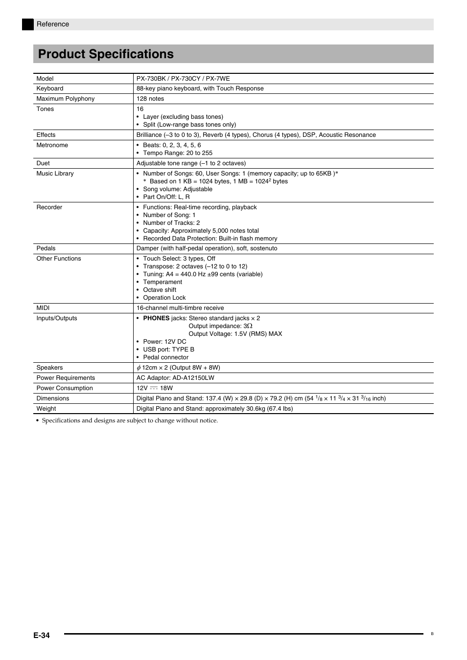 Product specifications | Casio Privia MA1001-B User Manual | Page 36 / 41