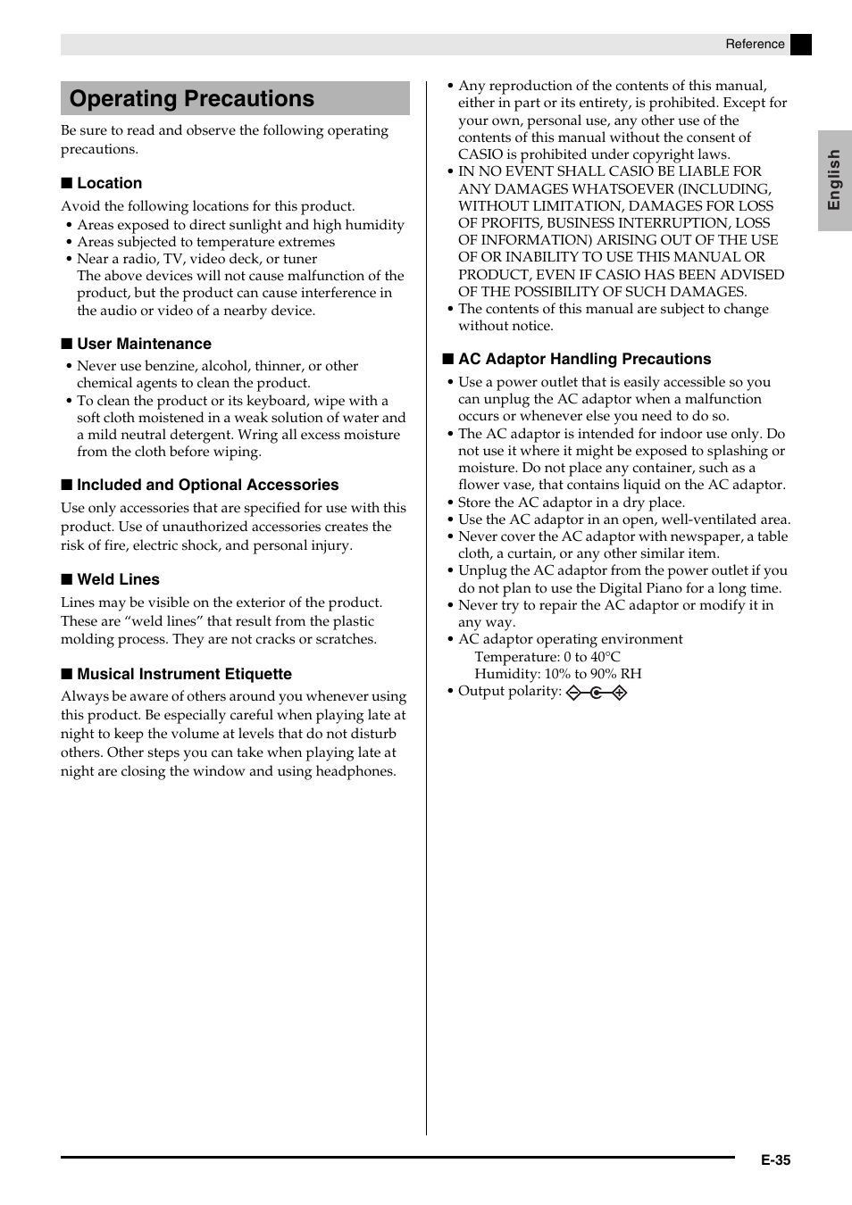 Operating precautions | Casio Privia MA1001-B User Manual | Page 37 / 41