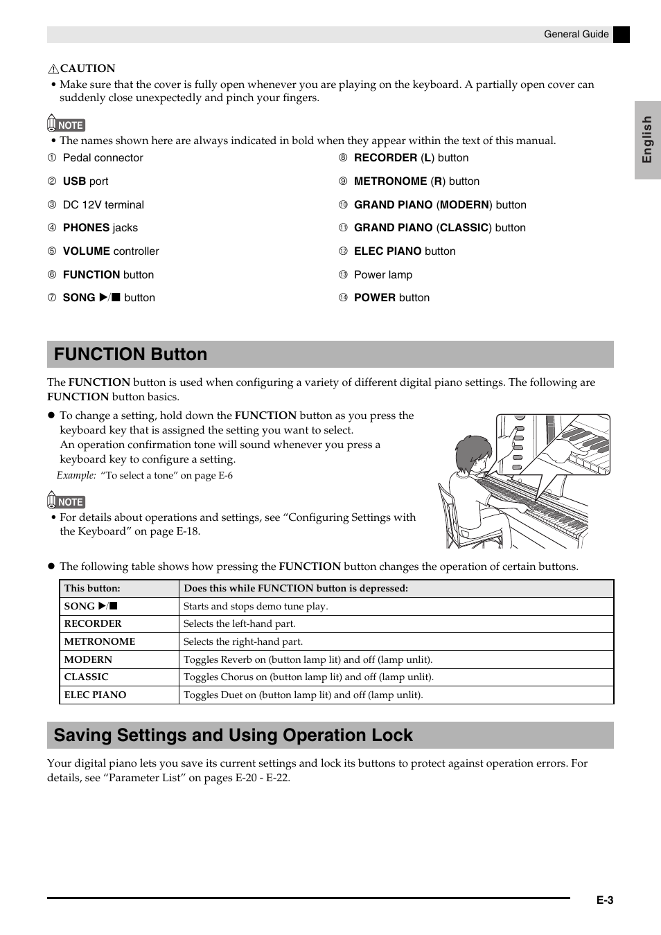 Function button, Saving settings and using operation lock | Casio Privia MA1001-B User Manual | Page 5 / 41