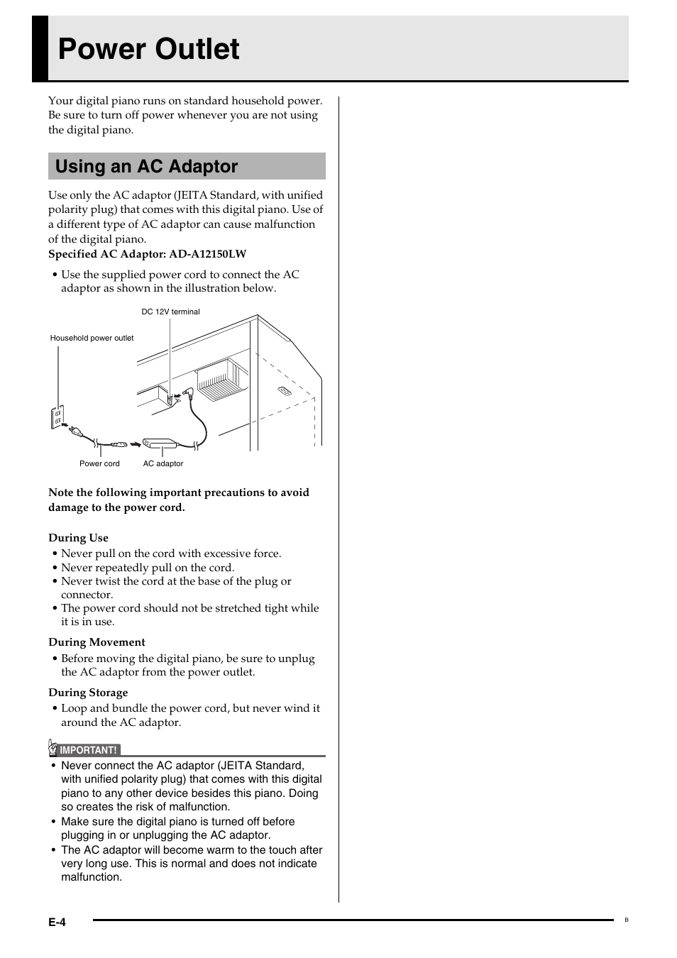Power outlet, Using an ac adaptor | Casio Privia MA1001-B User Manual | Page 6 / 41