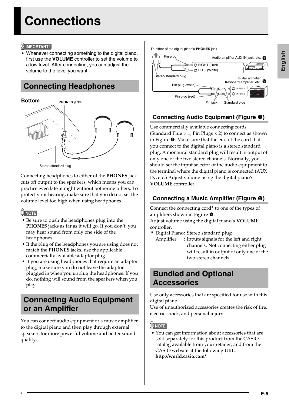 Connections, Bundled and optional accessories, Connecting audio equipment (figure  ) | Connecting a music amplifier (figure  ) | Casio Privia MA1001-B User Manual | Page 7 / 41