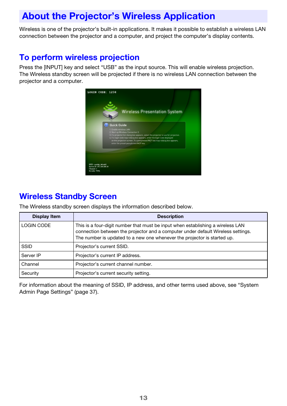 About the projector’s wireless application, To perform wireless projection, Wireless standby screen | Casio XJ-M255 User Manual | Page 13 / 47