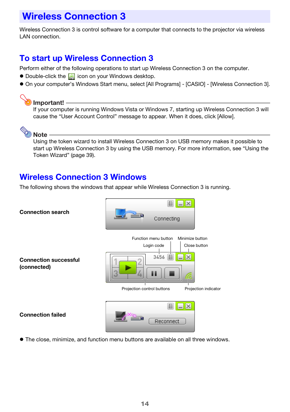 Wireless connection 3, To start up wireless connection 3, Wireless connection 3 windows | Casio XJ-M255 User Manual | Page 14 / 47