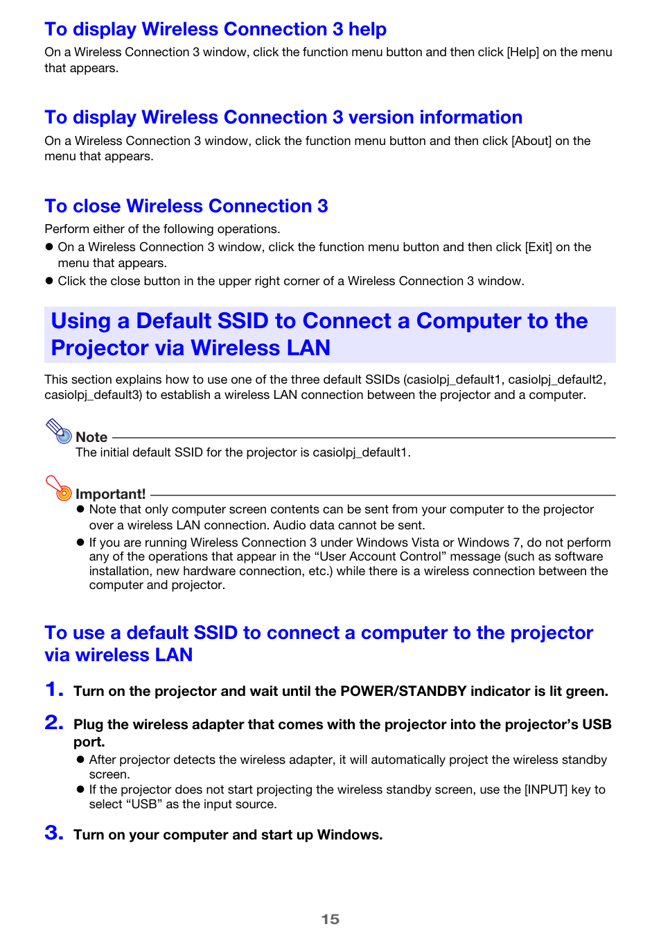 To display wireless connection 3 help, To close wireless connection 3 | Casio XJ-M255 User Manual | Page 15 / 47