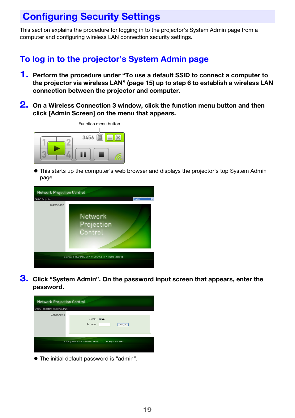 Configuring security settings | Casio XJ-M255 User Manual | Page 19 / 47