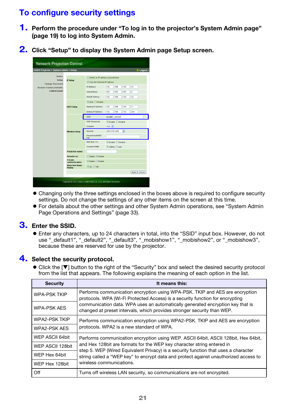 To configure security settings | Casio XJ-M255 User Manual | Page 21 / 47