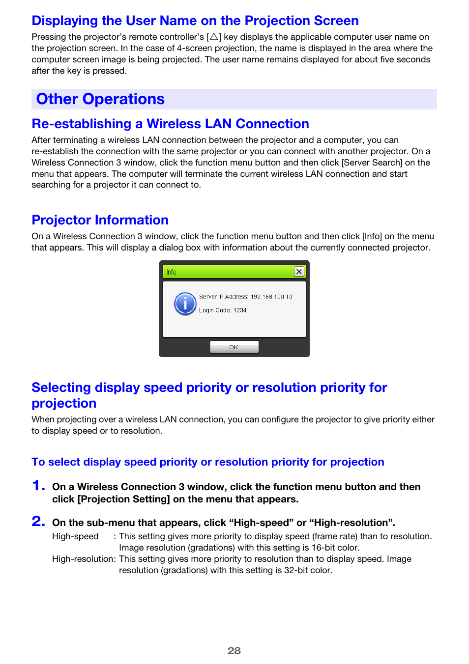 Displaying the user name on the projection screen, Other operations, Re-establishing a wireless lan connection | Projector information | Casio XJ-M255 User Manual | Page 28 / 47