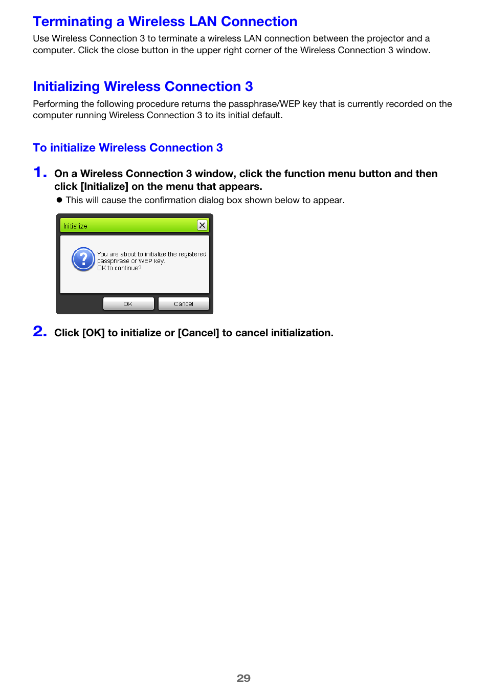 Terminating a wireless lan connection, Initializing wireless connection 3 | Casio XJ-M255 User Manual | Page 29 / 47