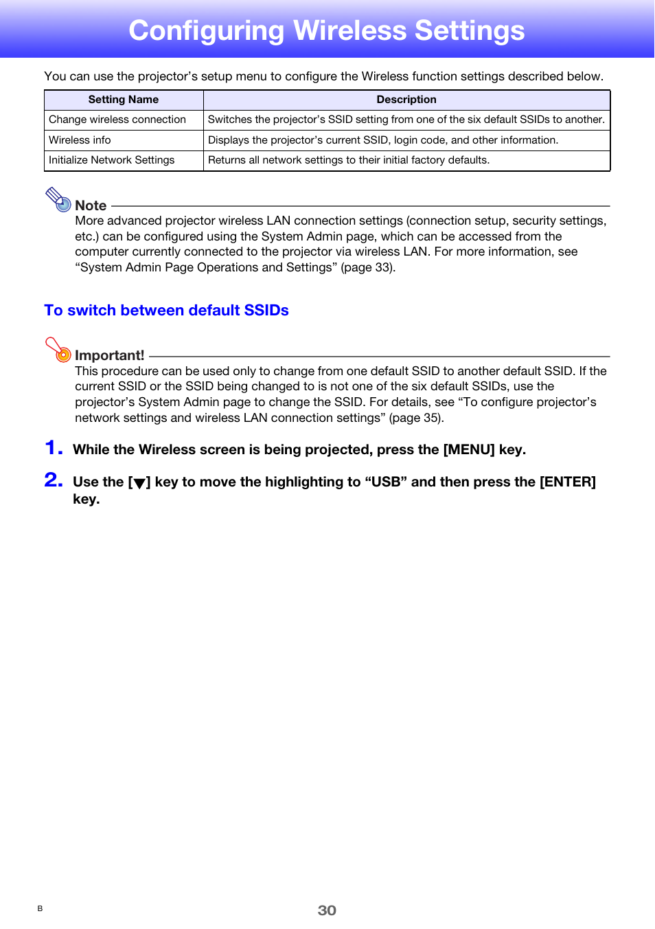 Configuring wireless settings | Casio XJ-M255 User Manual | Page 30 / 47