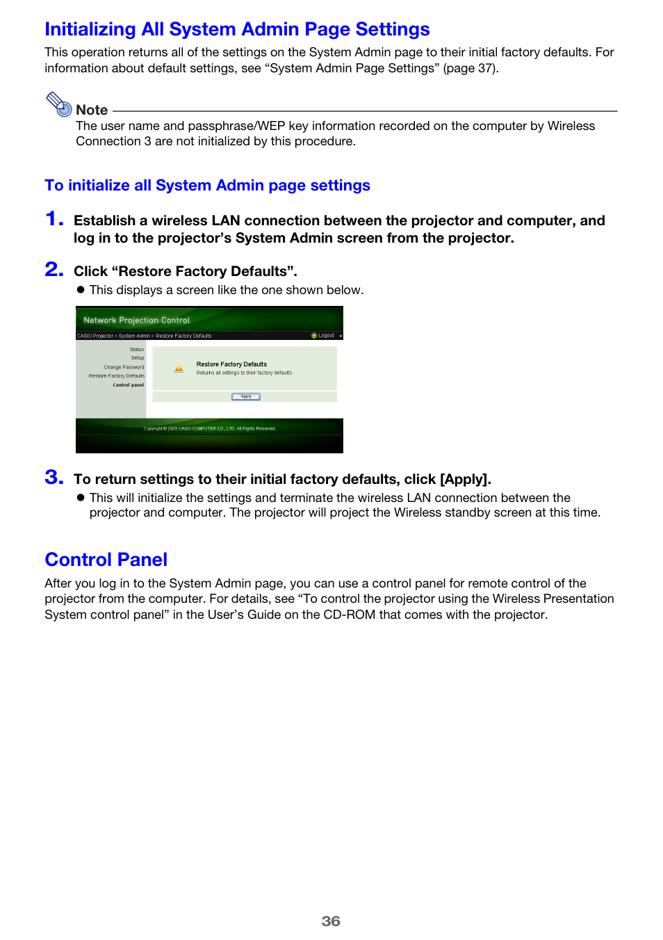 Control panel, Initializing all system admin page settings | Casio XJ-M255 User Manual | Page 36 / 47