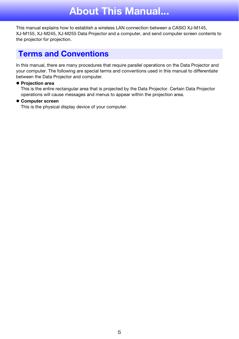 About this manual, Terms and conventions | Casio XJ-M255 User Manual | Page 5 / 47