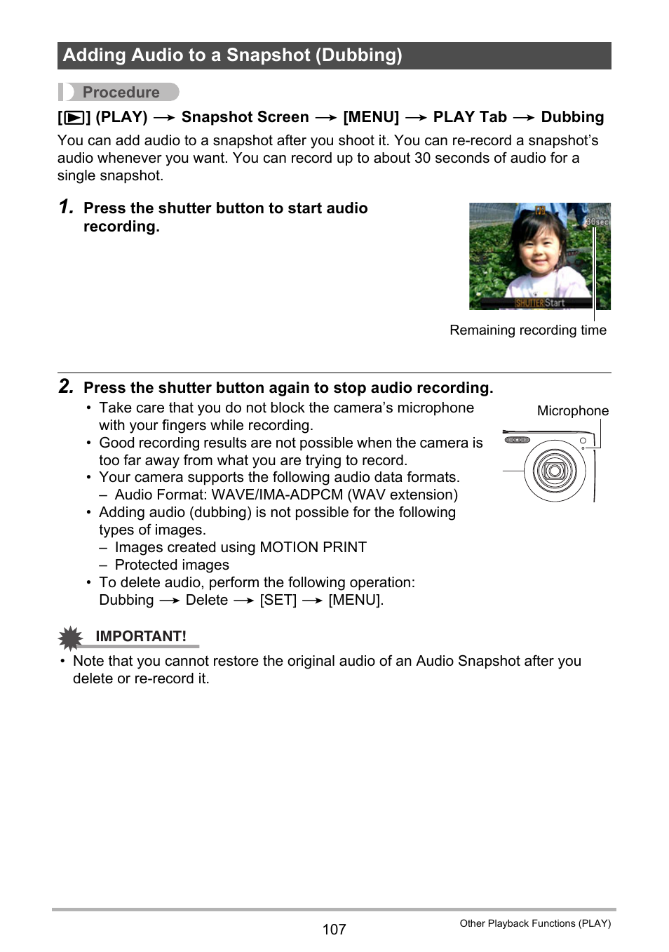 Adding audio to a snapshot (dubbing) | Casio EX-Z400  EN User Manual | Page 107 / 202