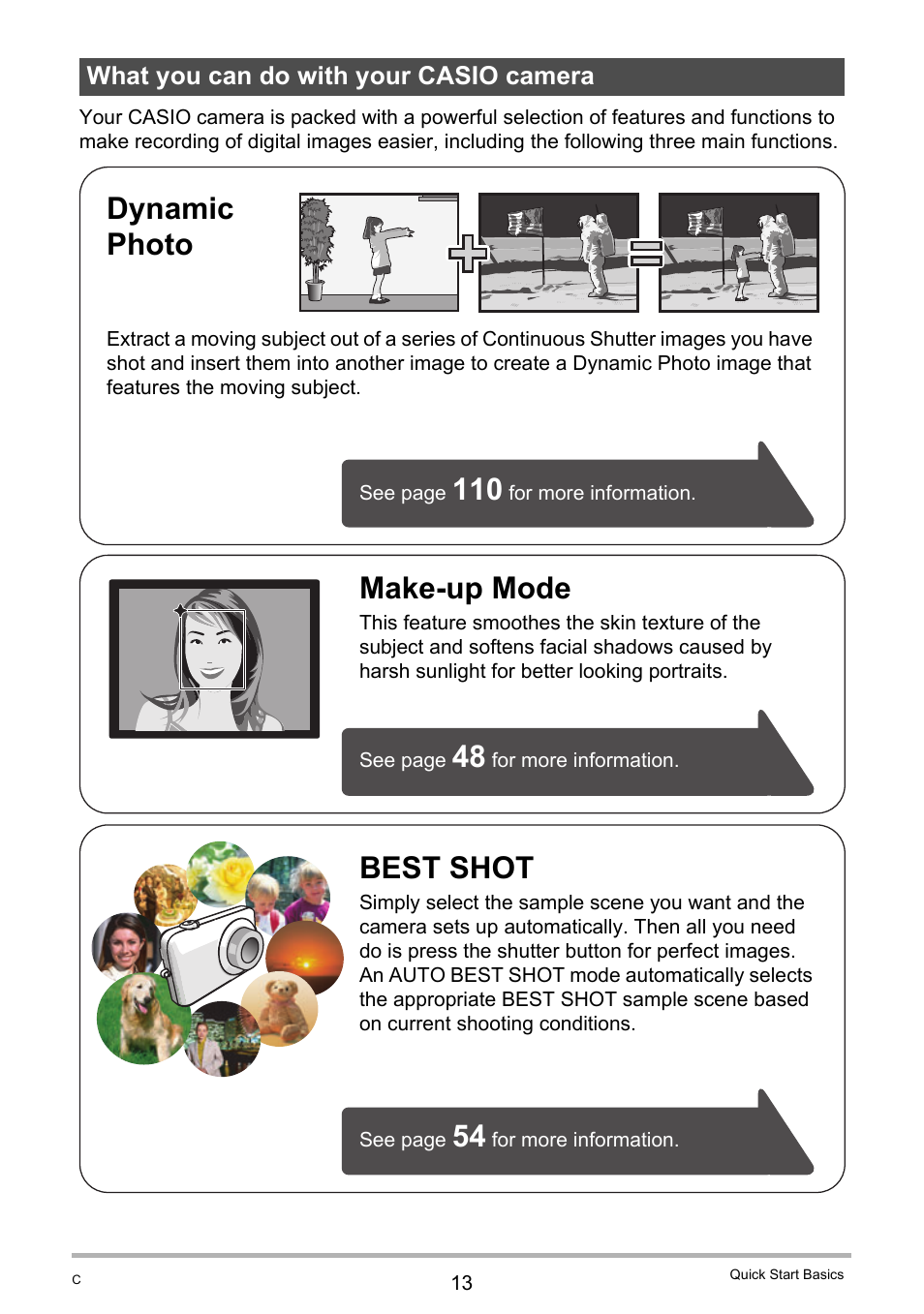 What you can do with your casio camera, Best shot, Make-up mode | Dynamic photo | Casio EX-Z400  EN User Manual | Page 13 / 202