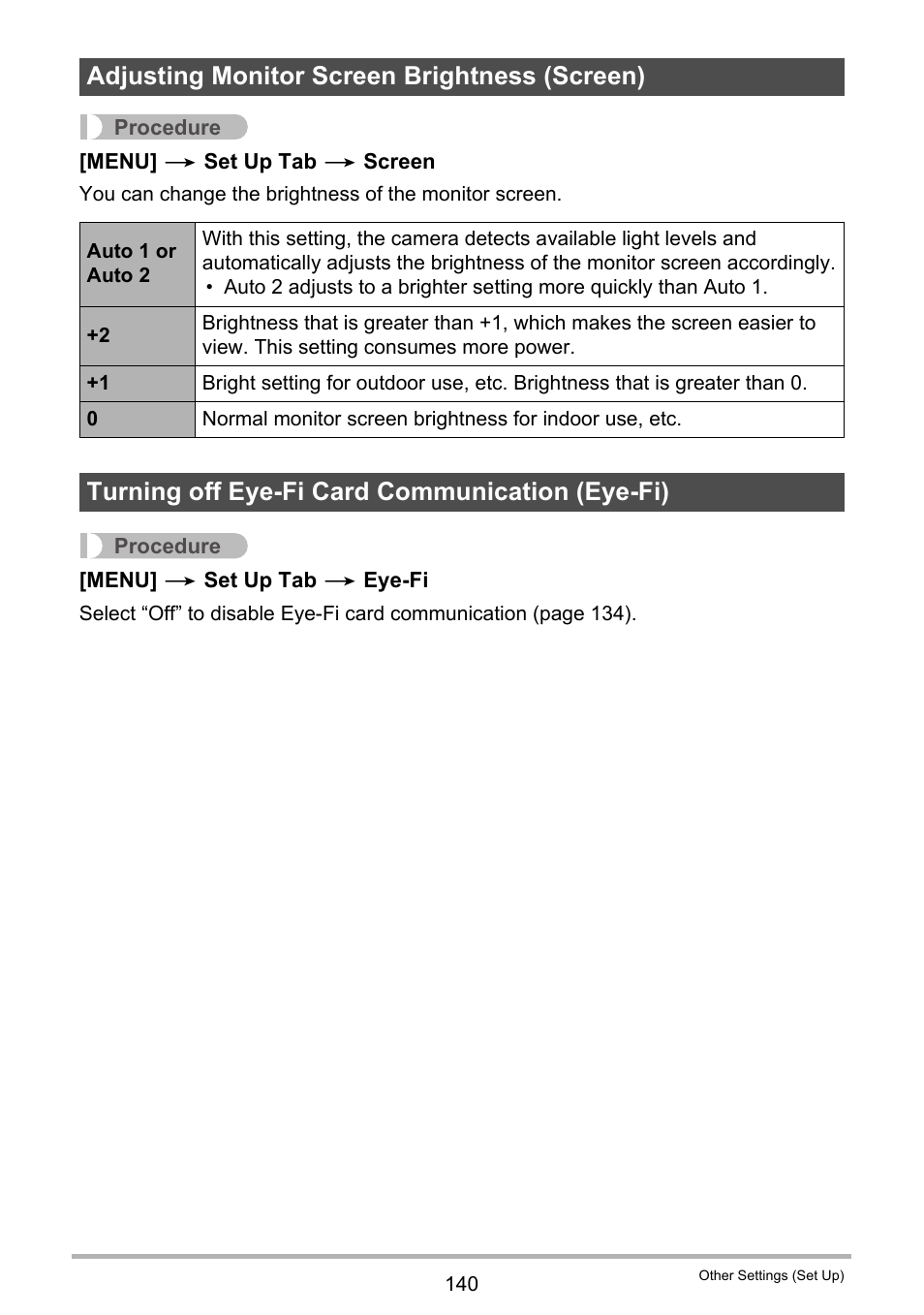 Adjusting monitor screen brightness (screen), Turning off eye-fi card communication (eye-fi) | Casio EX-Z400  EN User Manual | Page 140 / 202