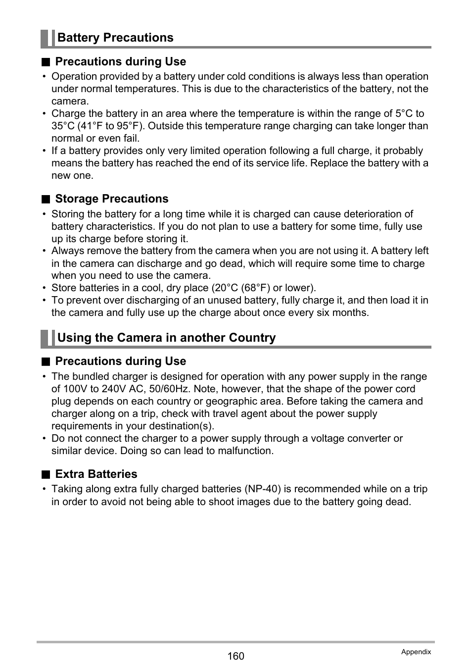 Battery precautions, Using the camera in another country | Casio EX-Z400  EN User Manual | Page 160 / 202