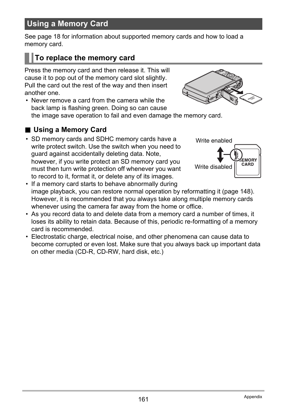 Using a memory card, To replace the memory card | Casio EX-Z400  EN User Manual | Page 161 / 202