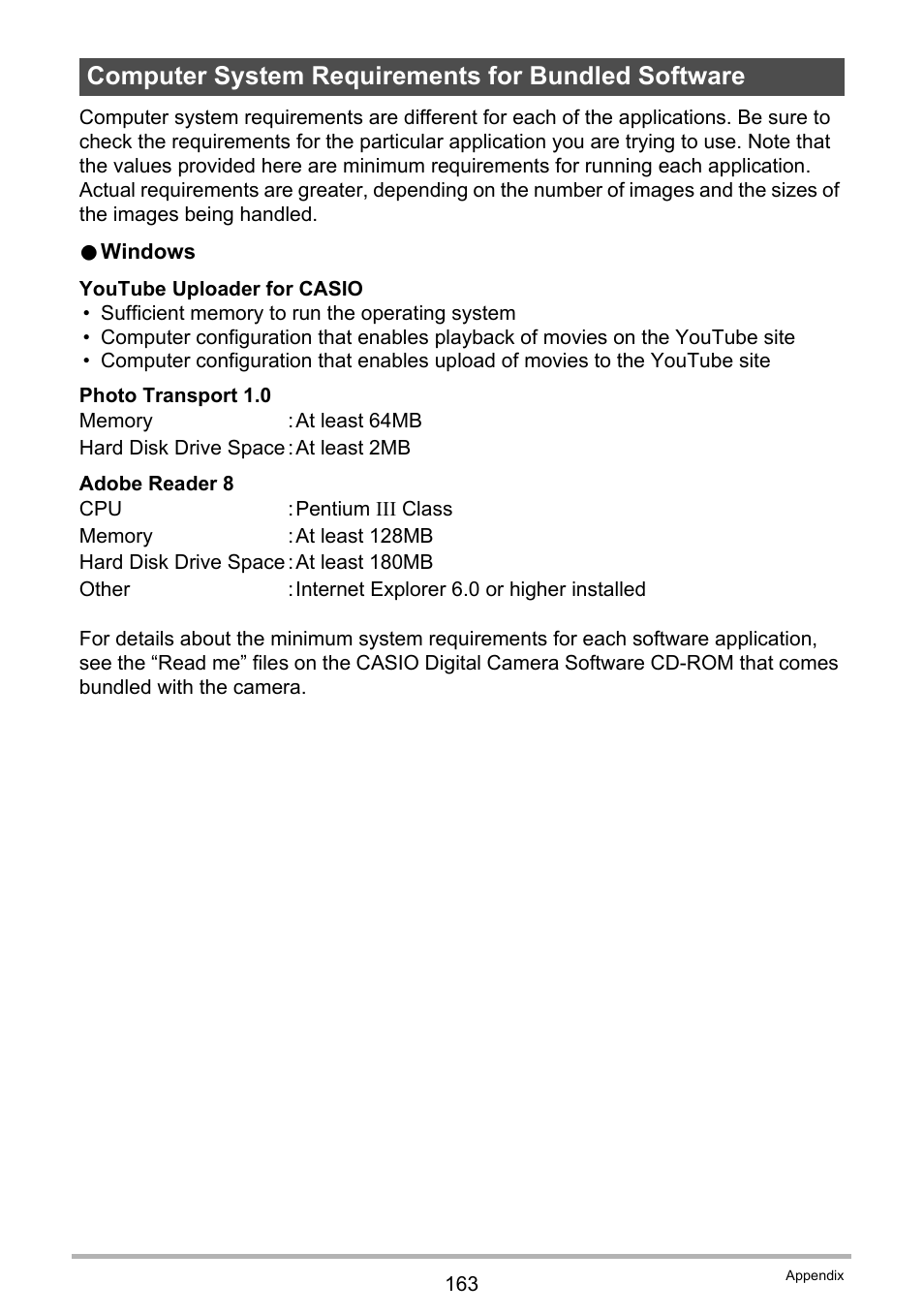 Computer system requirements for bundled software | Casio EX-Z400  EN User Manual | Page 163 / 202