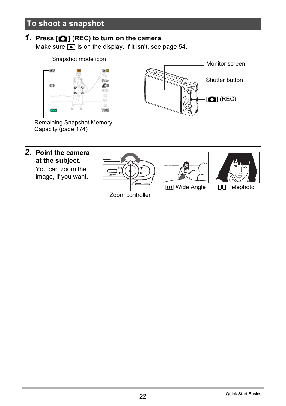 To shoot a snapshot | Casio EX-Z400  EN User Manual | Page 22 / 202
