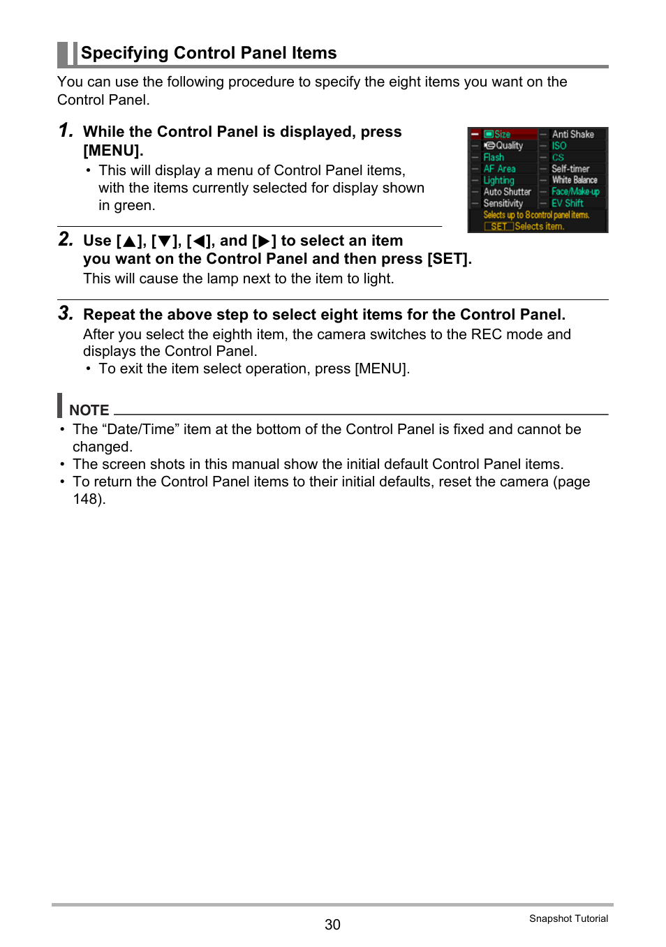 Specifying control panel items | Casio EX-Z400  EN User Manual | Page 30 / 202