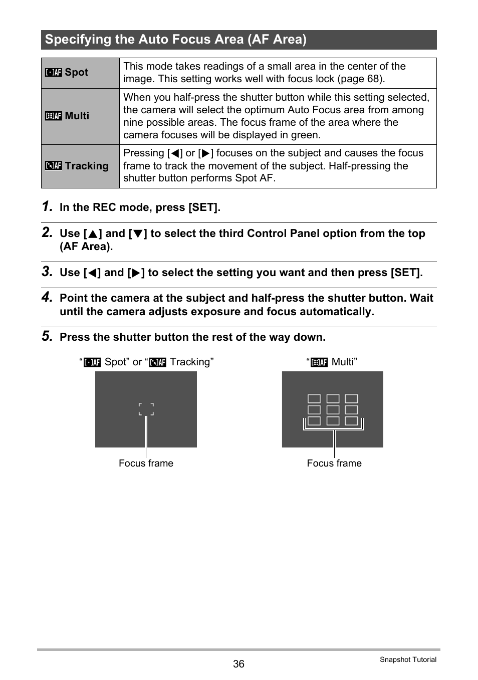 Specifying the auto focus area (af area) | Casio EX-Z400  EN User Manual | Page 36 / 202