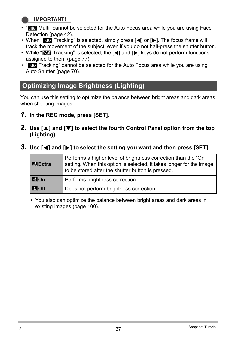 Optimizing image brightness (lighting) | Casio EX-Z400  EN User Manual | Page 37 / 202