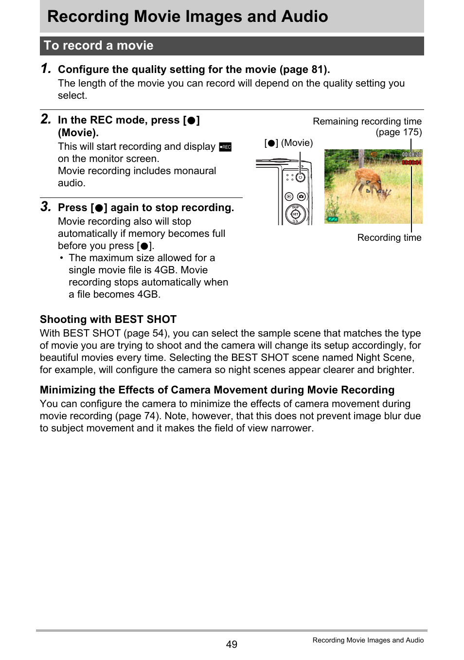 Recording movie images and audio, To record a movie | Casio EX-Z400  EN User Manual | Page 49 / 202