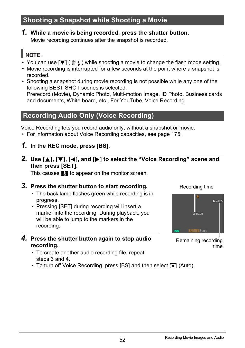 Shooting a snapshot while shooting a movie, Recording audio only (voice recording) | Casio EX-Z400  EN User Manual | Page 52 / 202
