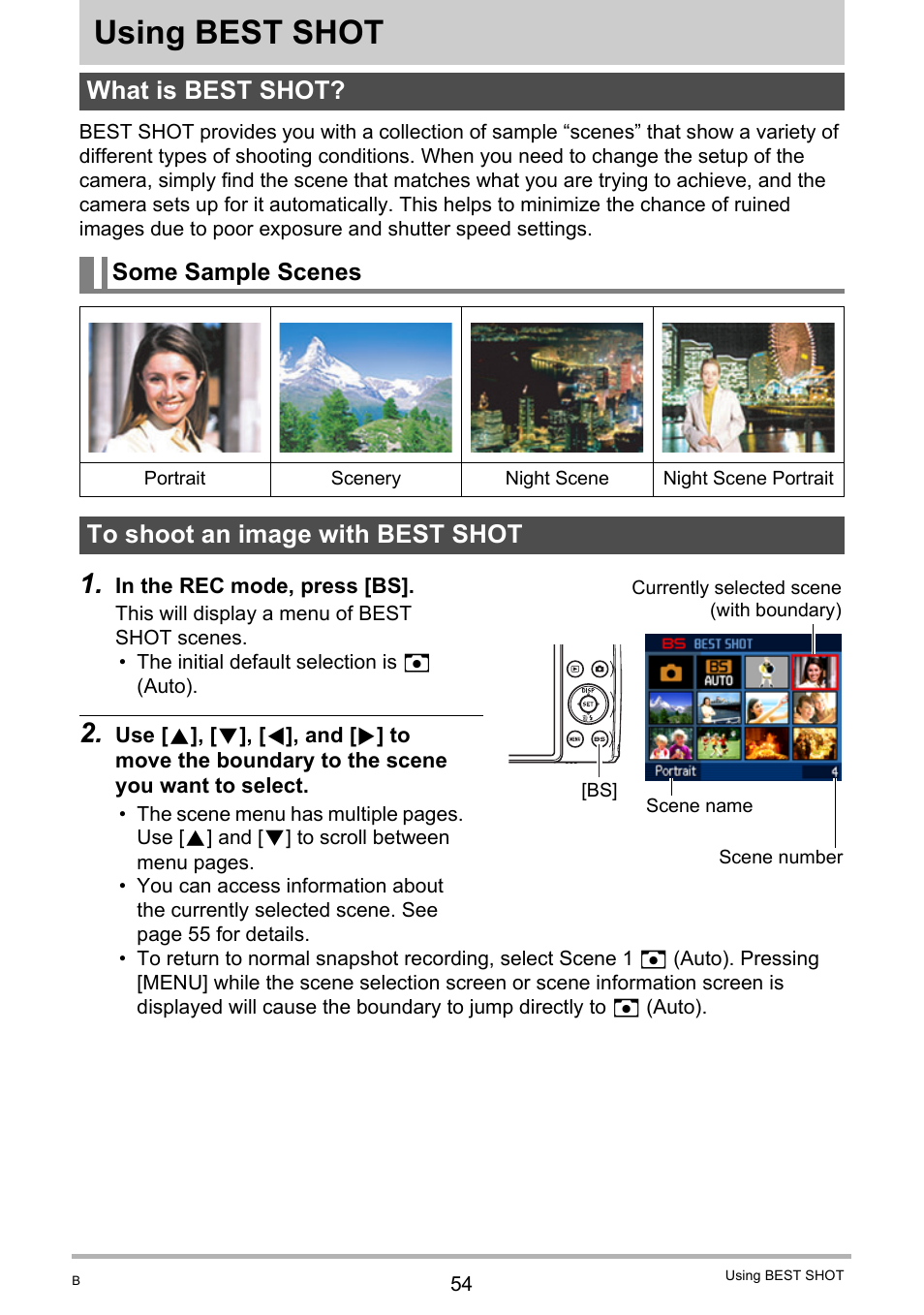 Using best shot, What is best shot, Some sample scenes | To shoot an image with best shot, 54), you can sel | Casio EX-Z400  EN User Manual | Page 54 / 202