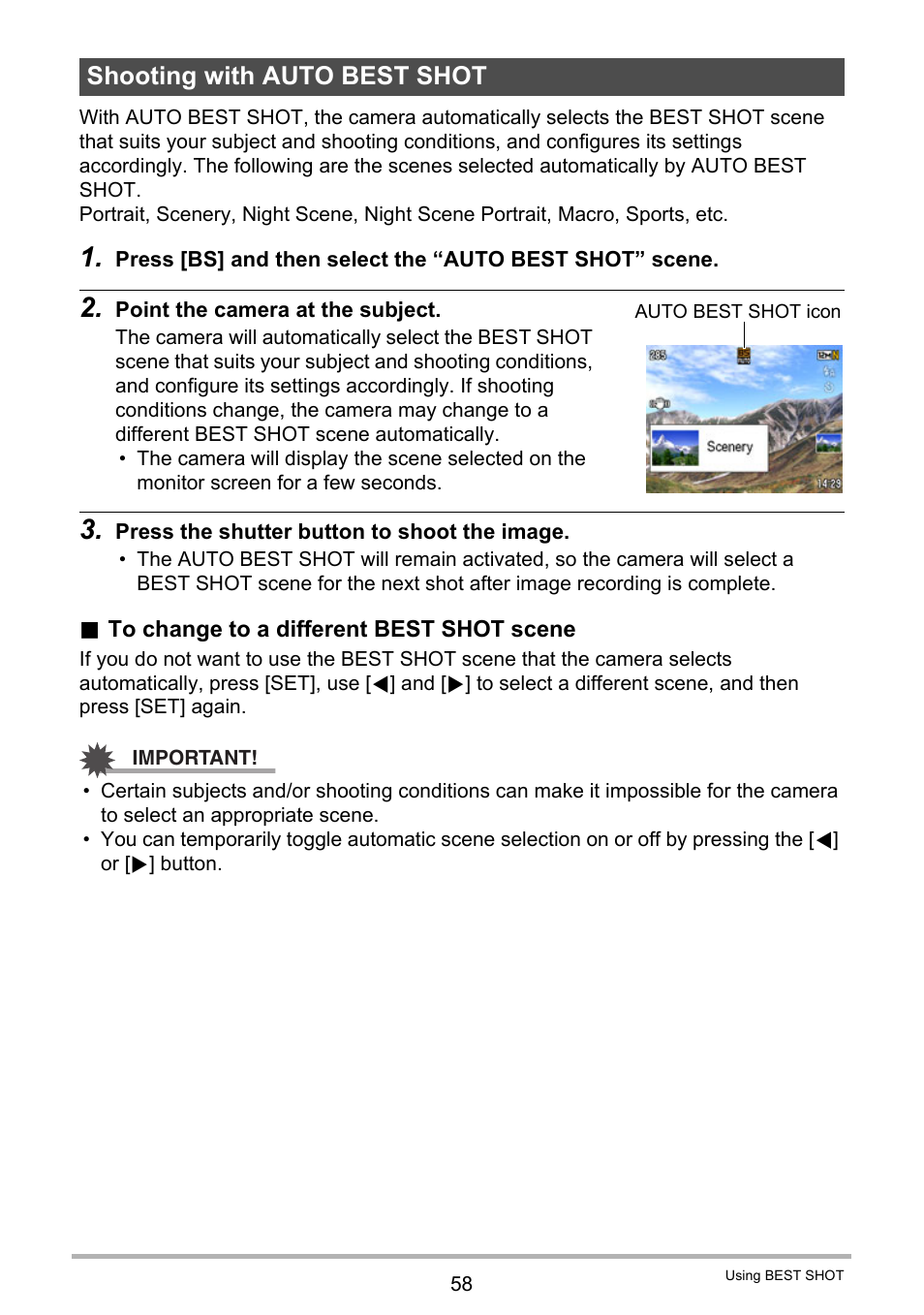 Shooting with auto best shot | Casio EX-Z400  EN User Manual | Page 58 / 202