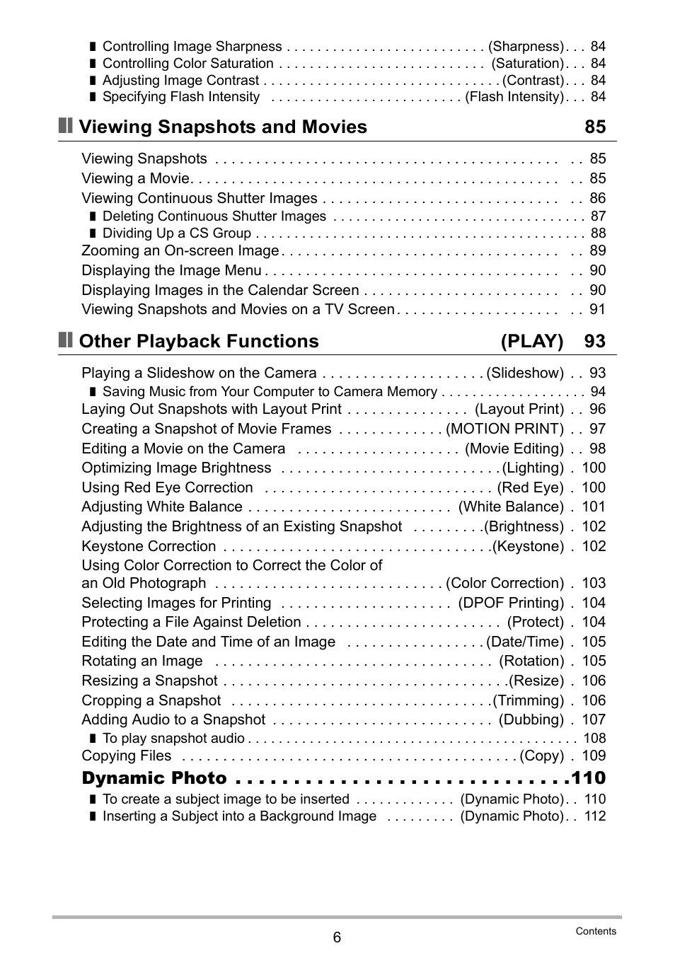 Viewing snapshots and movies 85, Other playback functions (play) 93, Dynamic photo | Casio EX-Z400  EN User Manual | Page 6 / 202