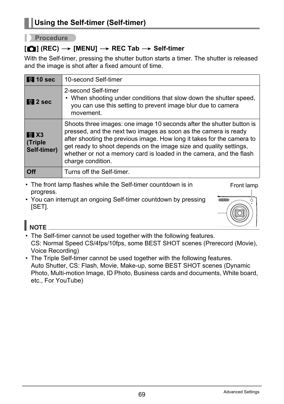 Using the self-timer (self-timer) | Casio EX-Z400  EN User Manual | Page 69 / 202