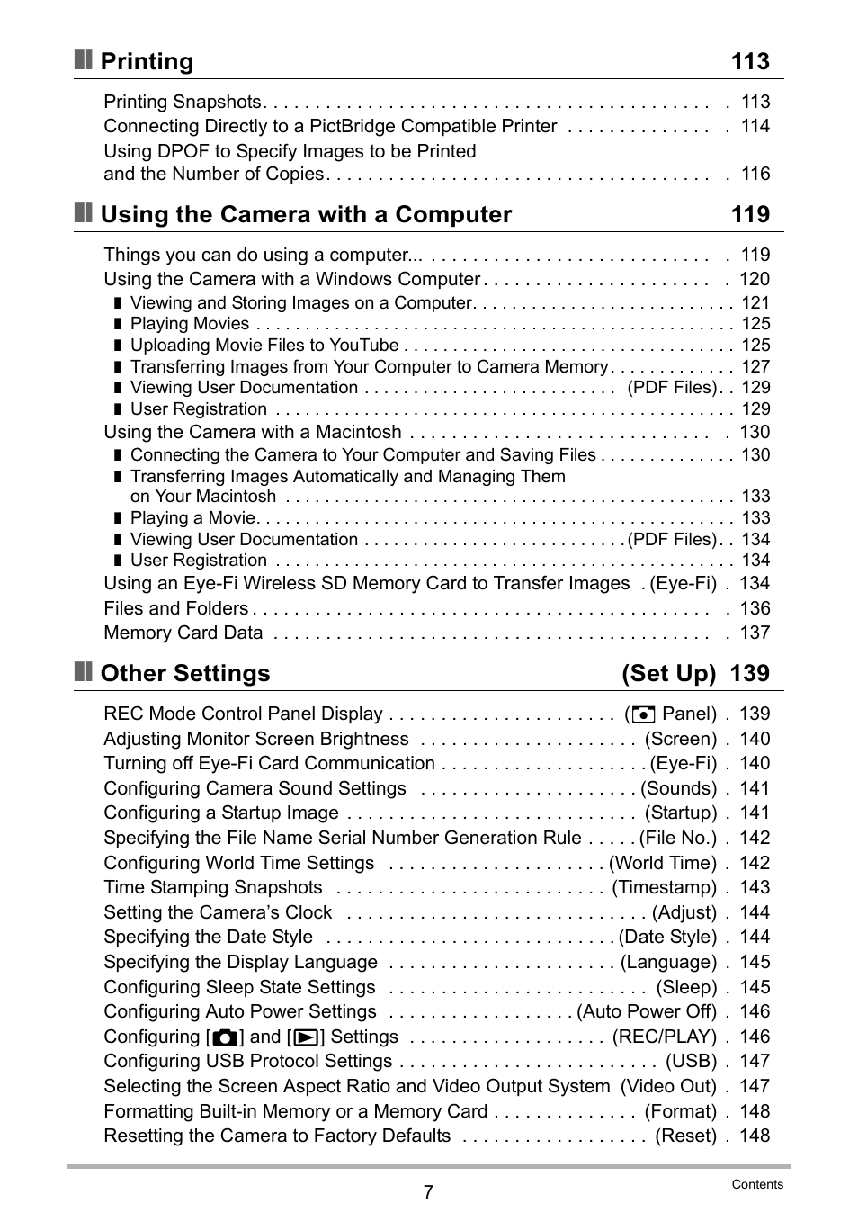 Printing 113, Using the camera with a computer 119, Other settings (set up) 139 | Casio EX-Z400  EN User Manual | Page 7 / 202